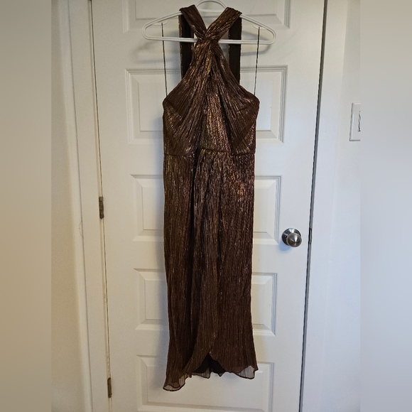 Adrianna Papell Metallic Bronze Halter Pleated Midi Dress - Picture 3 of 8